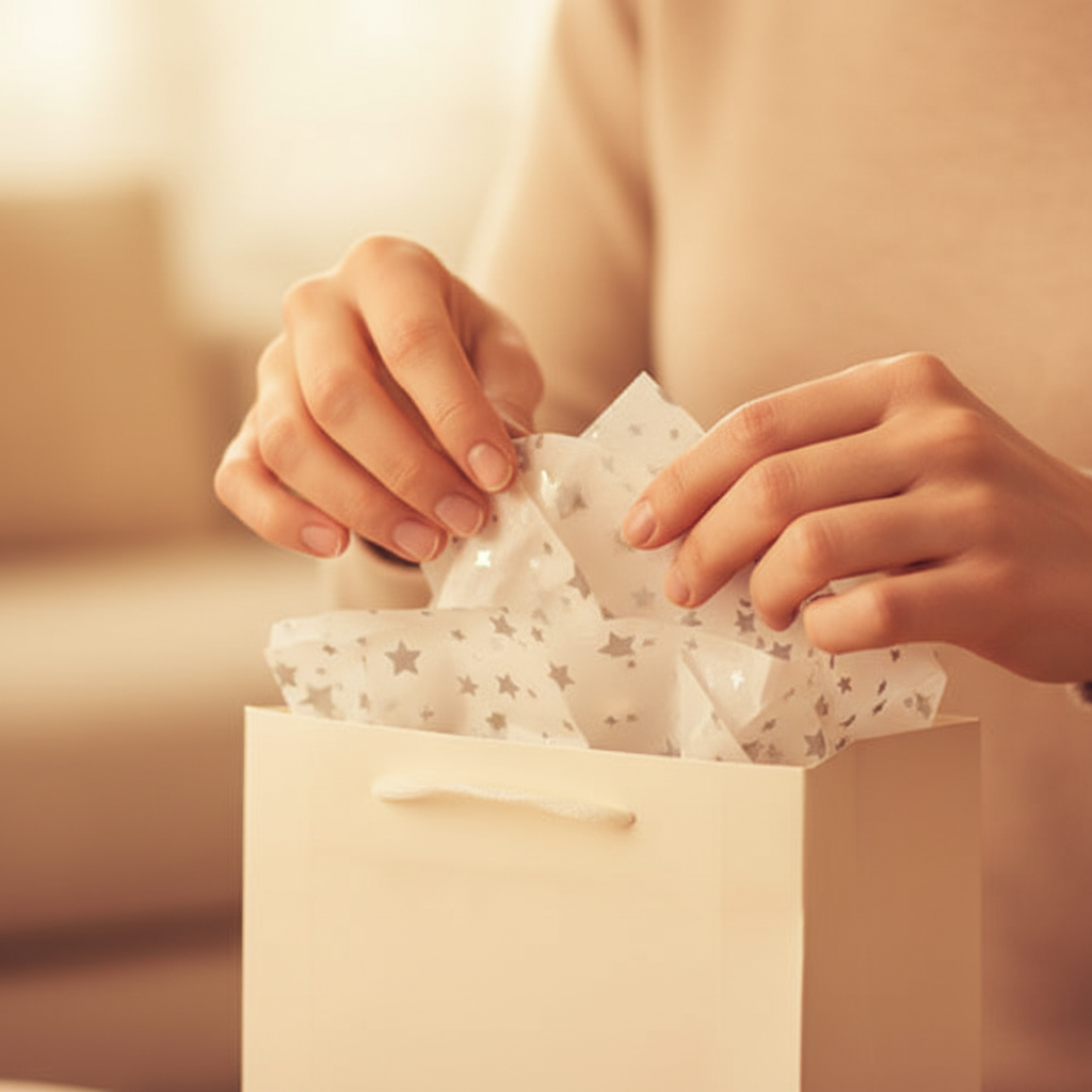 Hands placing white silver star tissue paper into a gift bag