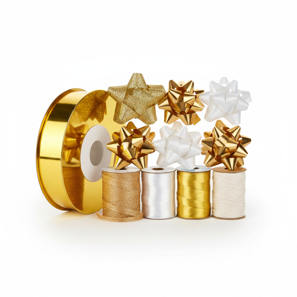 Gold bow and ribbon gift wrapping set on white background, studio product photography