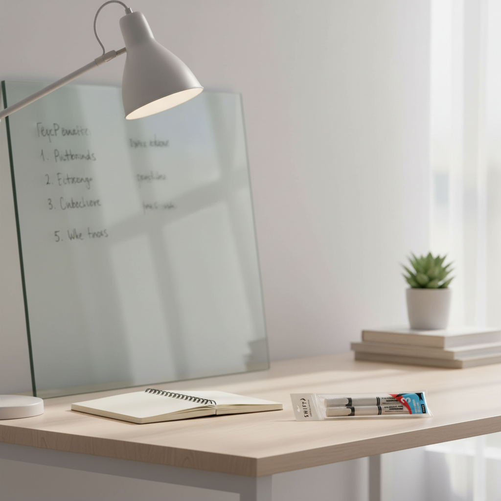Swift Black Whiteboard Markers 3 Pack on a modern desk beside a whiteboard in a bright home office, natural window light