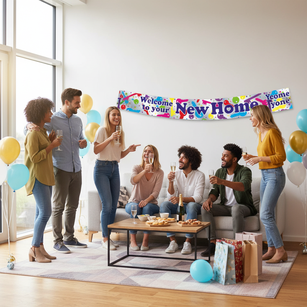 Housewarming party celebration with Welcome to Your New Home banner displayed on wall with friends celebrating