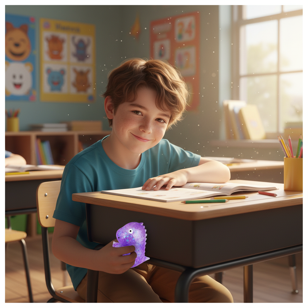 Cheeky boy squeezing a purple Stretch and Squeeze Dinosaur Gel Toy at his school desk with a grin in a bright classroom