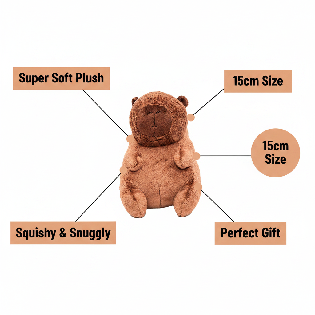 Cuddly Capybara plush toy 15cm feature infographic showing super soft plush, 15cm size, squishy and snuggly, perfect gift callouts