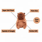 Cuddly Capybara plush toy 15cm feature infographic showing super soft plush, 15cm size, squishy and snuggly, perfect gift callouts