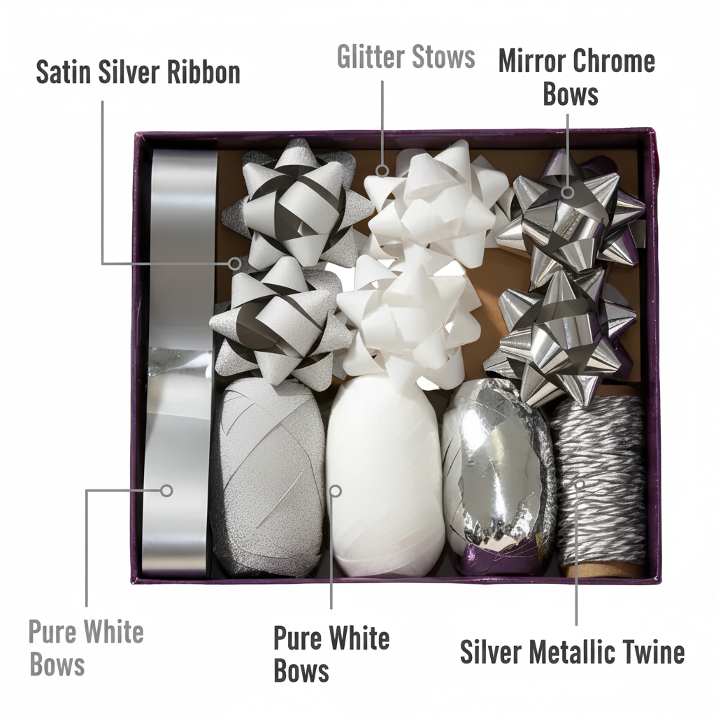 Silver bow and ribbon gift wrapping set feature infographic showing all included items