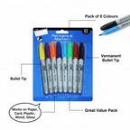Tallon Permanent Markers 8 Pack infographic showing key features: Pack of 8 Colours, Permanent Bold Ink, Versatile Bullet Tip, Works on Multiple Surfaces, Great Value Pack