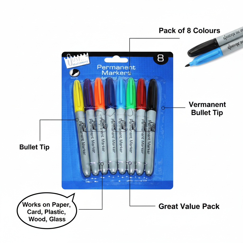 Tallon Permanent Markers 8 Pack infographic showing key features: Pack of 8 Colours, Permanent Bold Ink, Versatile Bullet Tip, Works on Multiple Surfaces, Great Value Pack
