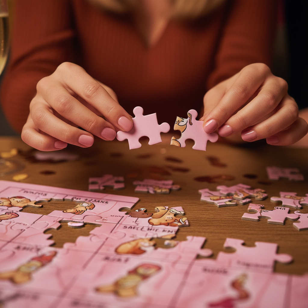Close-up of female hands with pink nails placing pieces of the Hen Party Jigsaw Puzzle together