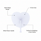 White heart paper fan infographic showing key features: heart shape design, 14.5cm size, white plastic handle, perfect for weddings and hen parties