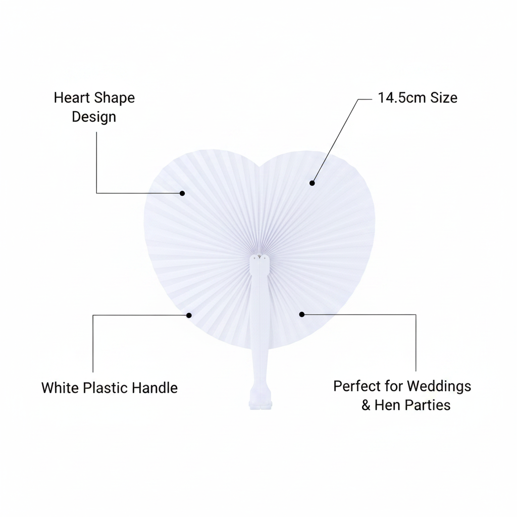 White heart paper fan infographic showing key features: heart shape design, 14.5cm size, white plastic handle, perfect for weddings and hen parties