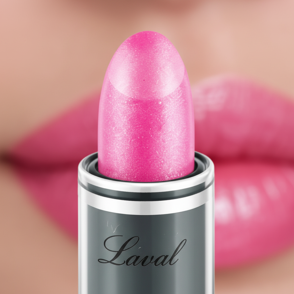 Extreme macro close-up of Laval Candy Sizzle 07 vibrant pink lipstick bullet showing creamy velvety texture