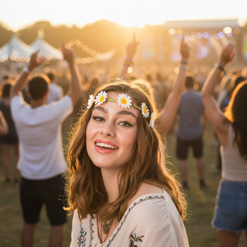 Young woman wearing daisy hairband at a golden hour summer festival — carefree aspirational lifestyle