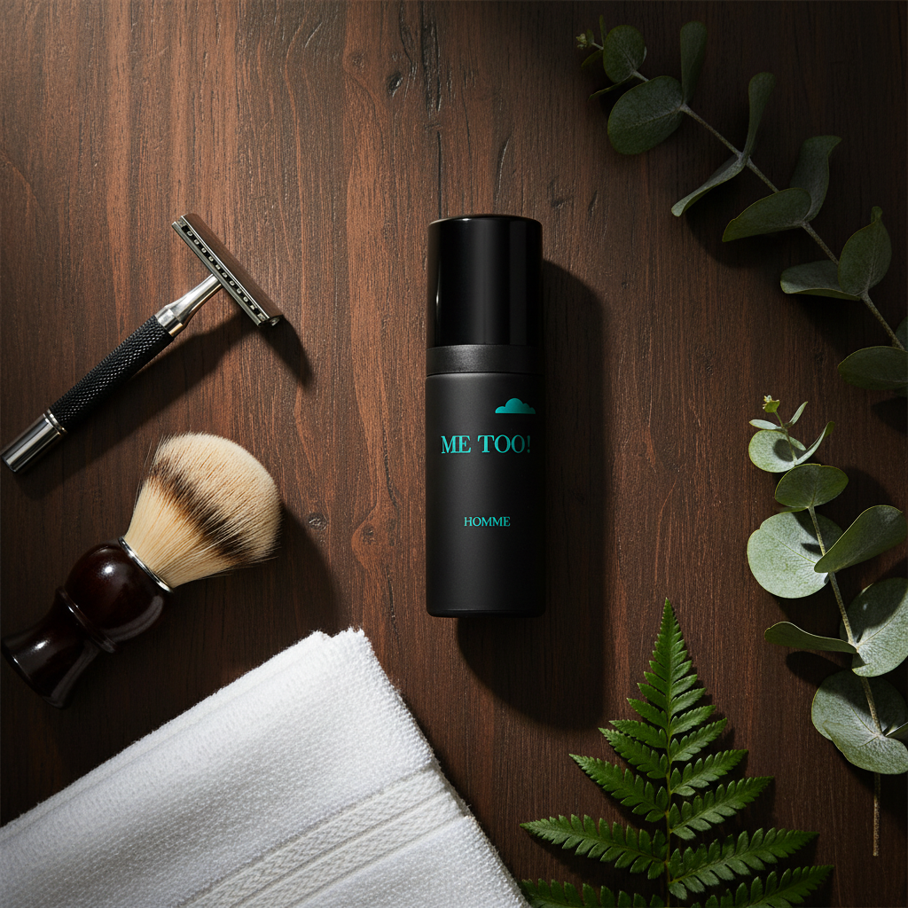 Milton Lloyd Me Too Homme aftershave flatlay with men's grooming essentials
