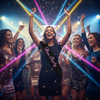 Bride-to-be in black hen party sash with pink writing dancing at a hen party celebration