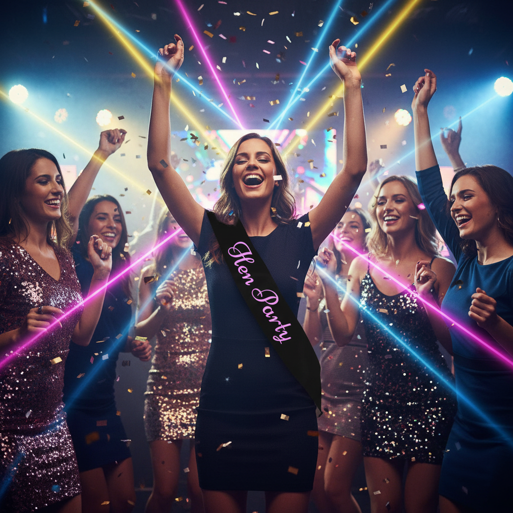 Bride-to-be in black hen party sash with pink writing dancing at a hen party celebration