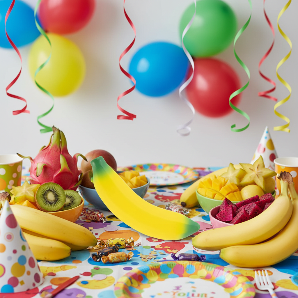 Squishy banana toy on colourful kids birthday party table with tropical fruit and balloons