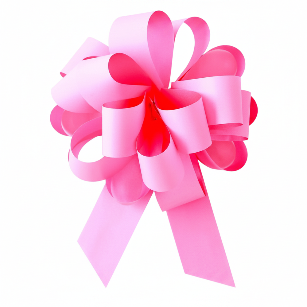 Large light pink pull bow gift ribbon 6 inch on pure white background, studio hero shot