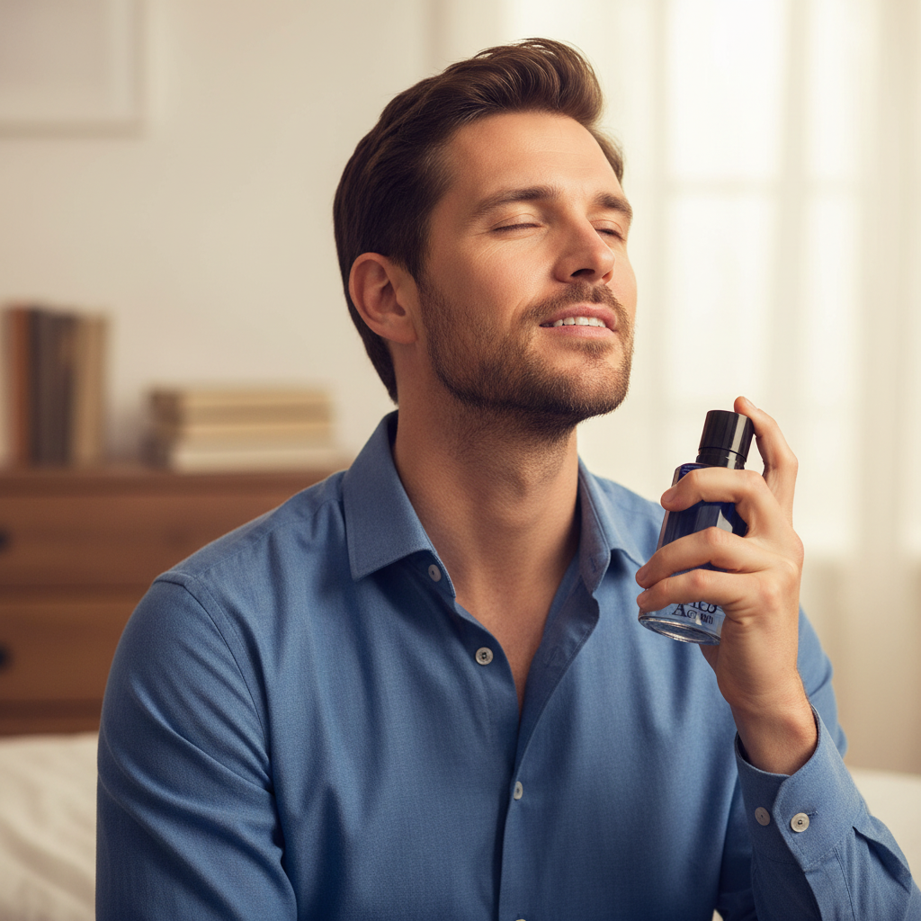 Man applying Real Time Wild Action EDT aftershave spray — lifestyle fragrance shot with bokeh background