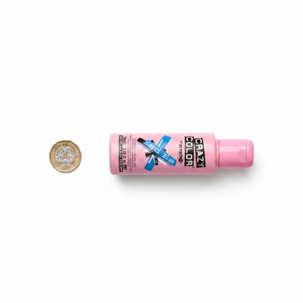 Crazy Color Capri Blue No.44 100ml hair dye bottle beside a UK £1 coin on white background to show product size
