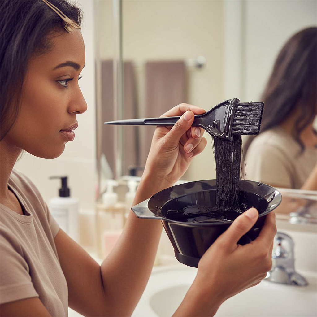 Woman Using Black Hair Dye Colouring Brush And Bowl Set to Apply Hair Colour at Home