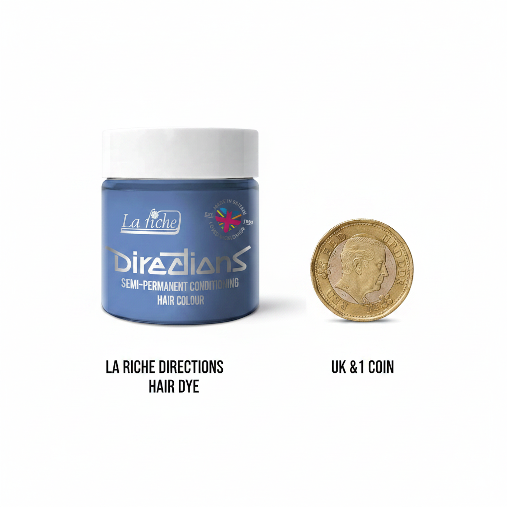 La Riche Directions Silver Hair Dye 88ml flat lay with £1 coin for scale reference