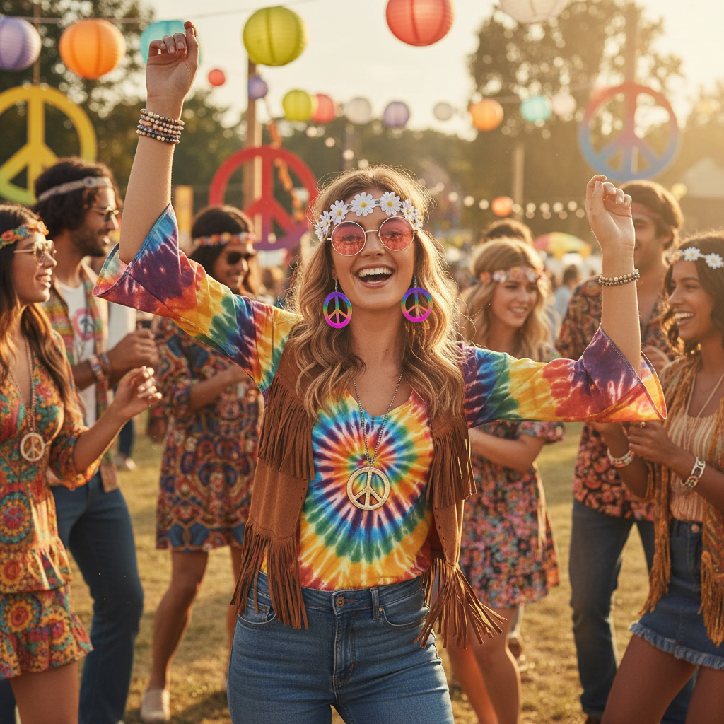 Woman wearing hippie fancy dress costume at 70s themed party - peace and love retro outfit
