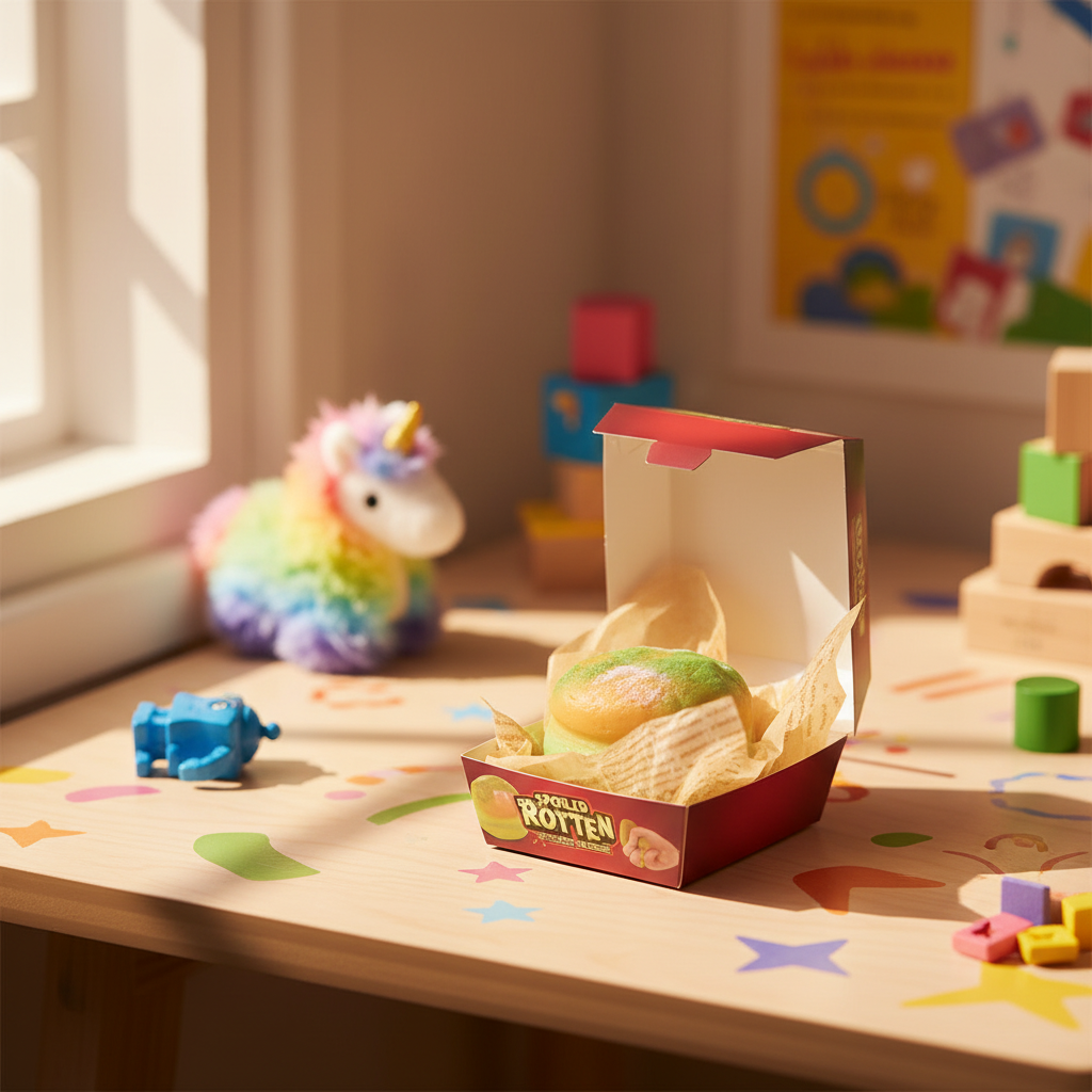 Spoiled Rotten Bad Burger squishy toy and burger box on a child's playroom desk with natural window light
