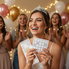 Bride-to-be in tiara and sash laughing while holding a bingo card at her hen party – Why Not Shop