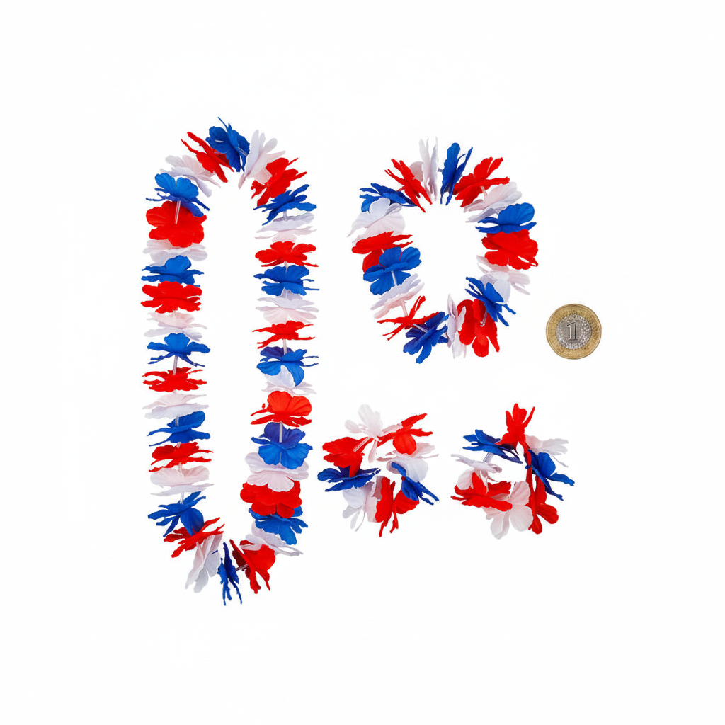 Red, white and blue Hawaiian lei 4pc set beside a £1 coin on white background showing product size