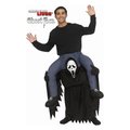 Adult wearing Ghost Face carry-me costume with false grey legs on a white background