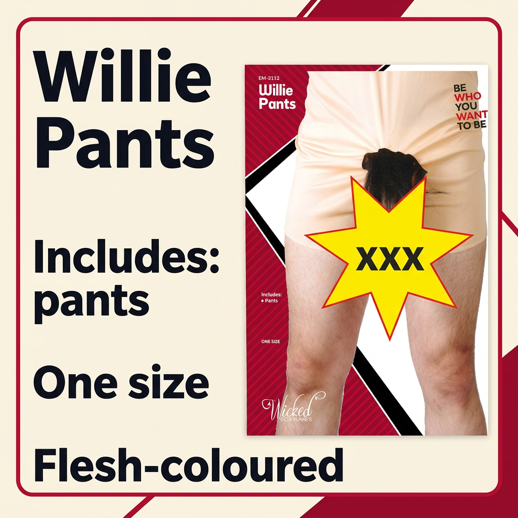 Promotional graphic for 'Willie Pants' by Naked Wearables. The text states it includes pants, is one size, and is flesh-colored.