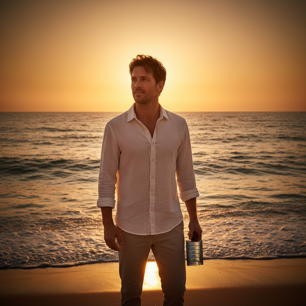 Man at golden hour beach holding Real Time Sea Beach EDT, aspirational coastal lifestyle scene