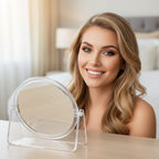 Woman with Flawless Makeup Achieved Using Clear Double Sided Mirror With Stand