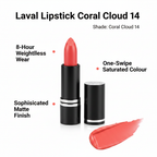 Laval Lipstick Coral Cloud 14 premium feature infographic with callout labels on white background