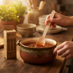 Woman stirring homemade soup with an eco birchwood wooden spoon in a cosy kitchen