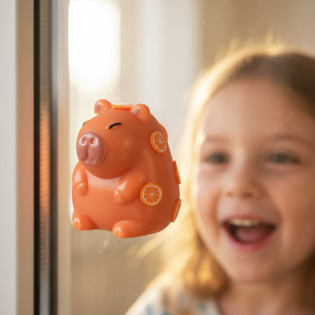 Scrunchems Sticky Squishy Capybara toy stuck to a glass window demonstrating its sticky surface ability