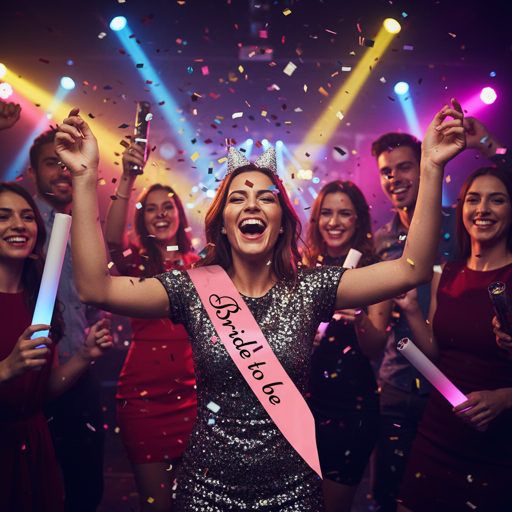 Bride to be wearing pink sash dancing and celebrating at hen party with confetti