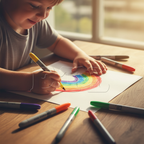 Child's hands drawing a colourful rainbow artwork with Tallon Permanent Markers scattered on a wooden desk in warm golden hour light