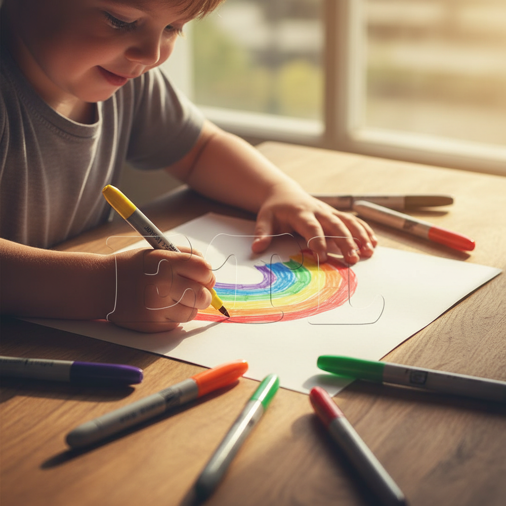 Child's hands drawing a colourful rainbow artwork with Tallon Permanent Markers scattered on a wooden desk in warm golden hour light