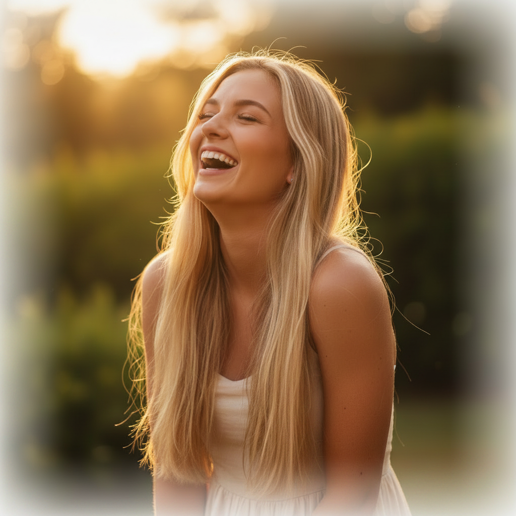 Young woman with vivid cherry red Stargazer hair extension streak laughing outdoors in golden hour light