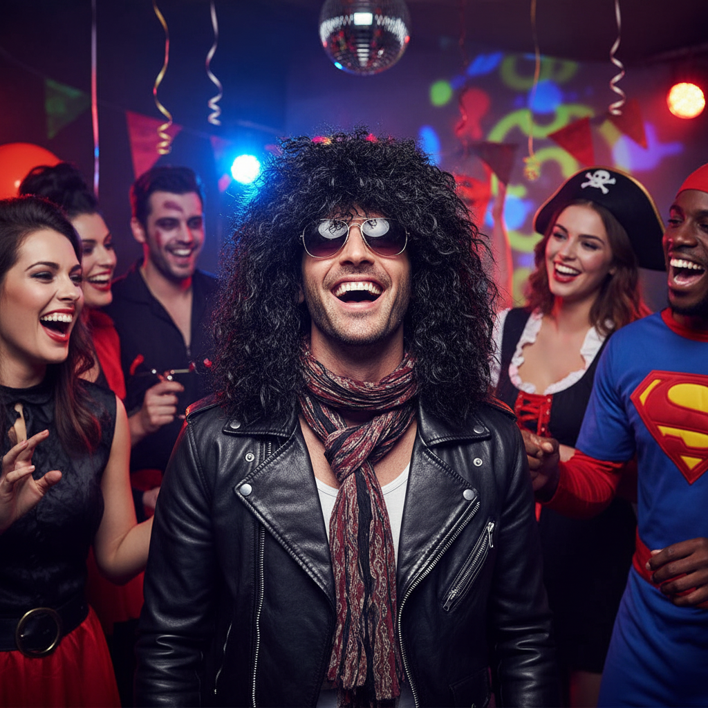 Man in black rockstar wig and leather jacket at a Halloween fancy dress party with friends