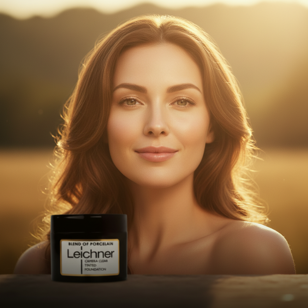 Confident woman with radiant porcelain skin in golden hour light, Leichner Foundation aspirational beauty