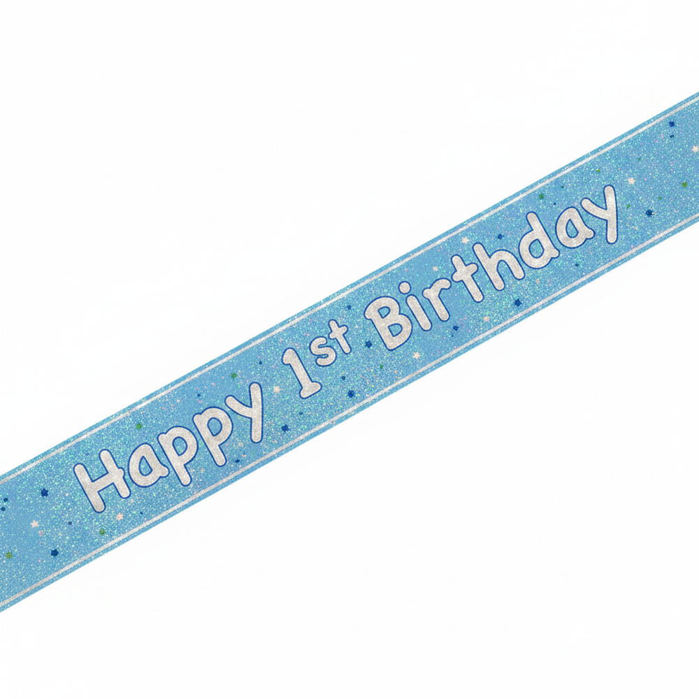 Blue glitz prismatic foil Happy 1st Birthday banner on white background
