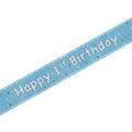 Blue glitz prismatic foil Happy 1st Birthday banner on white background