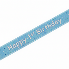 Blue glitz prismatic foil Happy 1st Birthday banner on white background