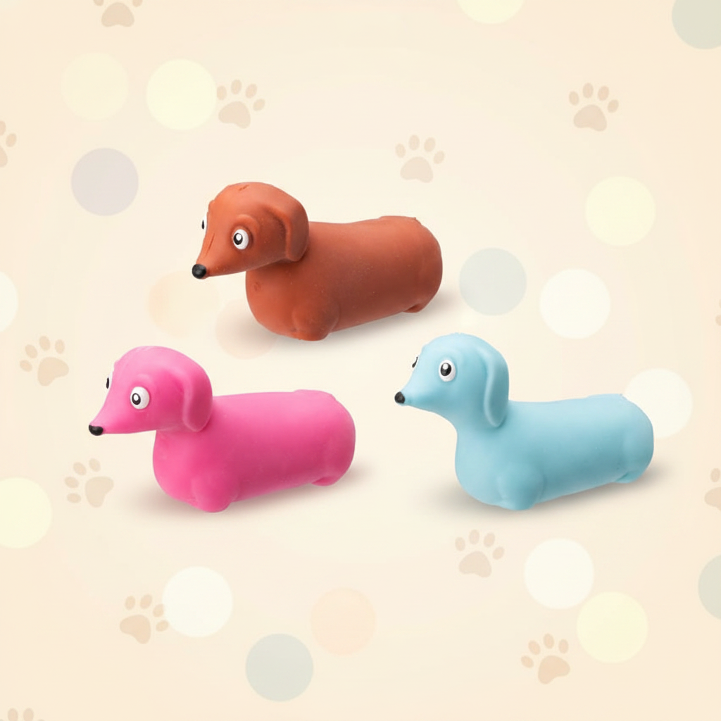 Three squishy dachshund sausage dog squeeze toys in brown, hot pink and baby blue on cream paw print background