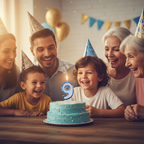 Emotional birthday celebration scene with blue glitter number 9 candle glowing on cake, golden hour warm light