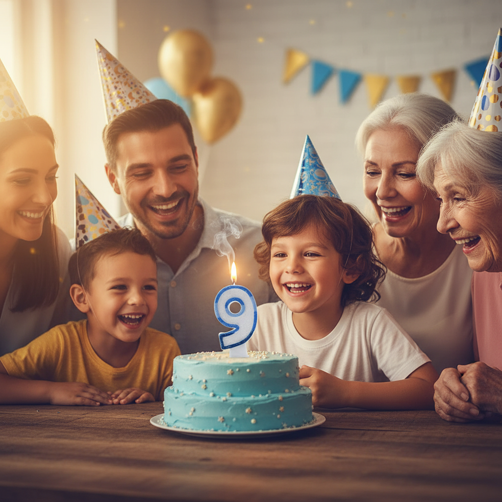 Emotional birthday celebration scene with blue glitter number 9 candle glowing on cake, golden hour warm light