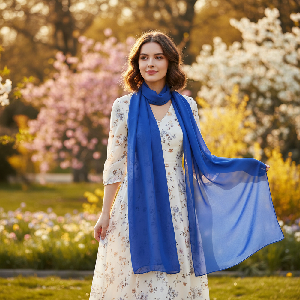 Stylish woman wearing a lightweight blue chiffon scarf walking through a spring park at golden hour