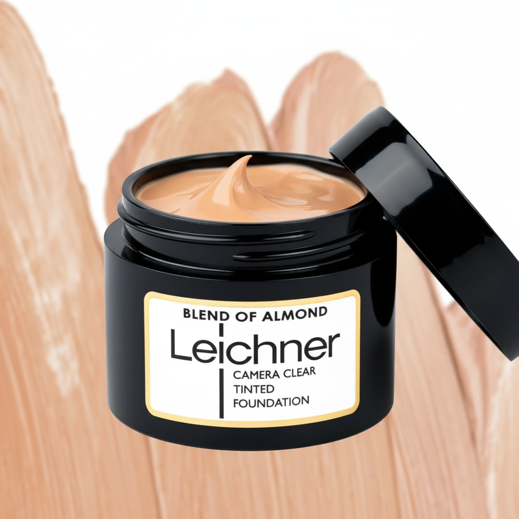 Macro close-up of Leichner Camera Clear Foundation Blend of Almond jar showing gloss finish and gold label detail