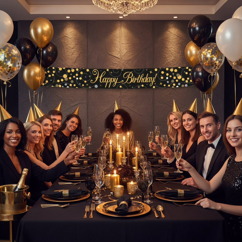 Elegant birthday party celebration with Sparkling Fizz black and gold banner displayed